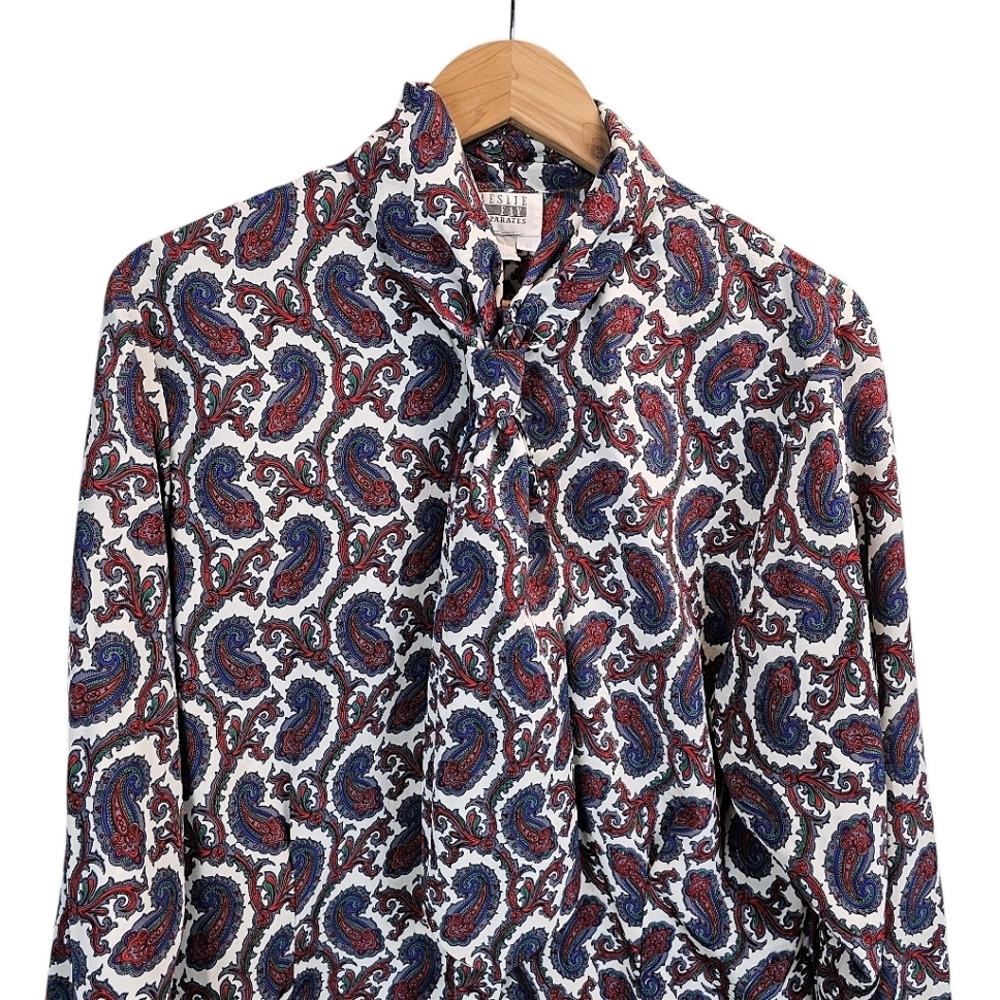 Vintage 1970s Leslie Fay Paisley Bow Collar Blouse Size Medium Red White Retro - Picture 12 of 15